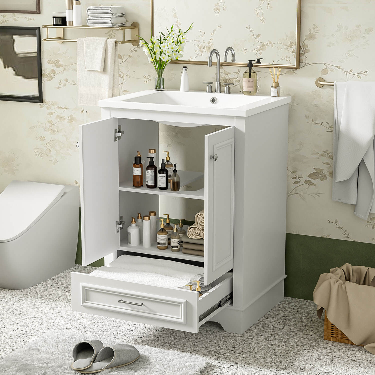 Sleek white bathroom cabinet with seamless ceramic sink and soft-closing door