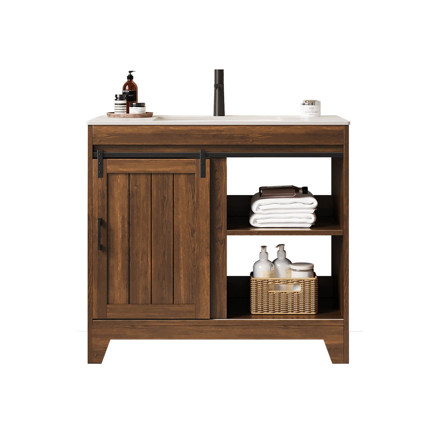 Sliding barn door vanity with matte black hardware accents