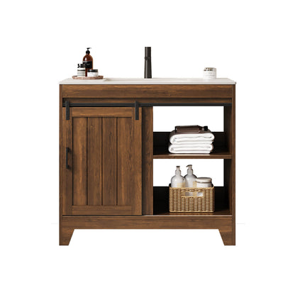 Sliding barn door vanity with matte black hardware accents