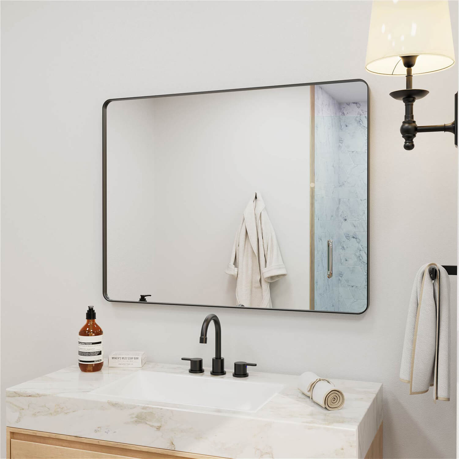 Slim black framed wide rectangular bathroom mirror
