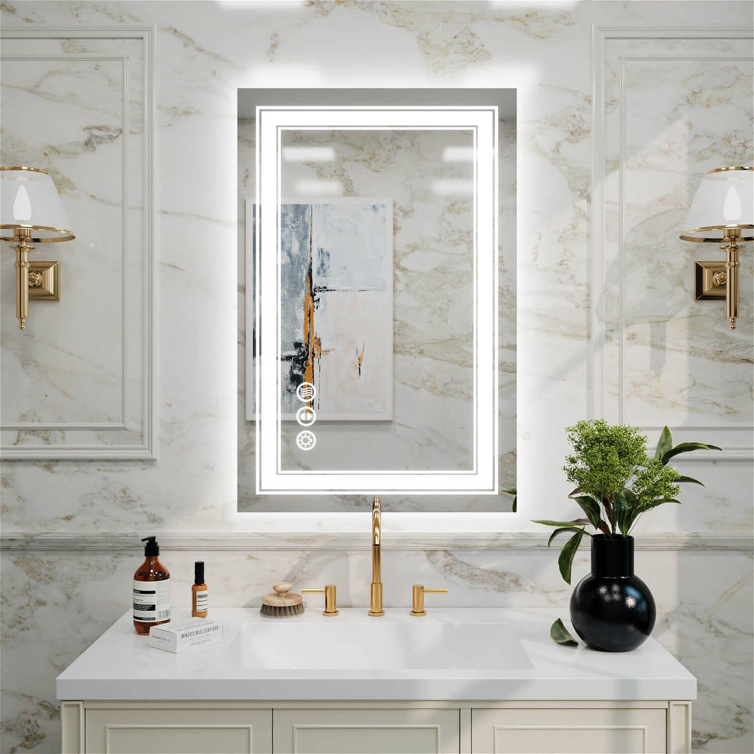 Slim profile frameless LED bathroom mirror with dual light borders and touch sensor panel