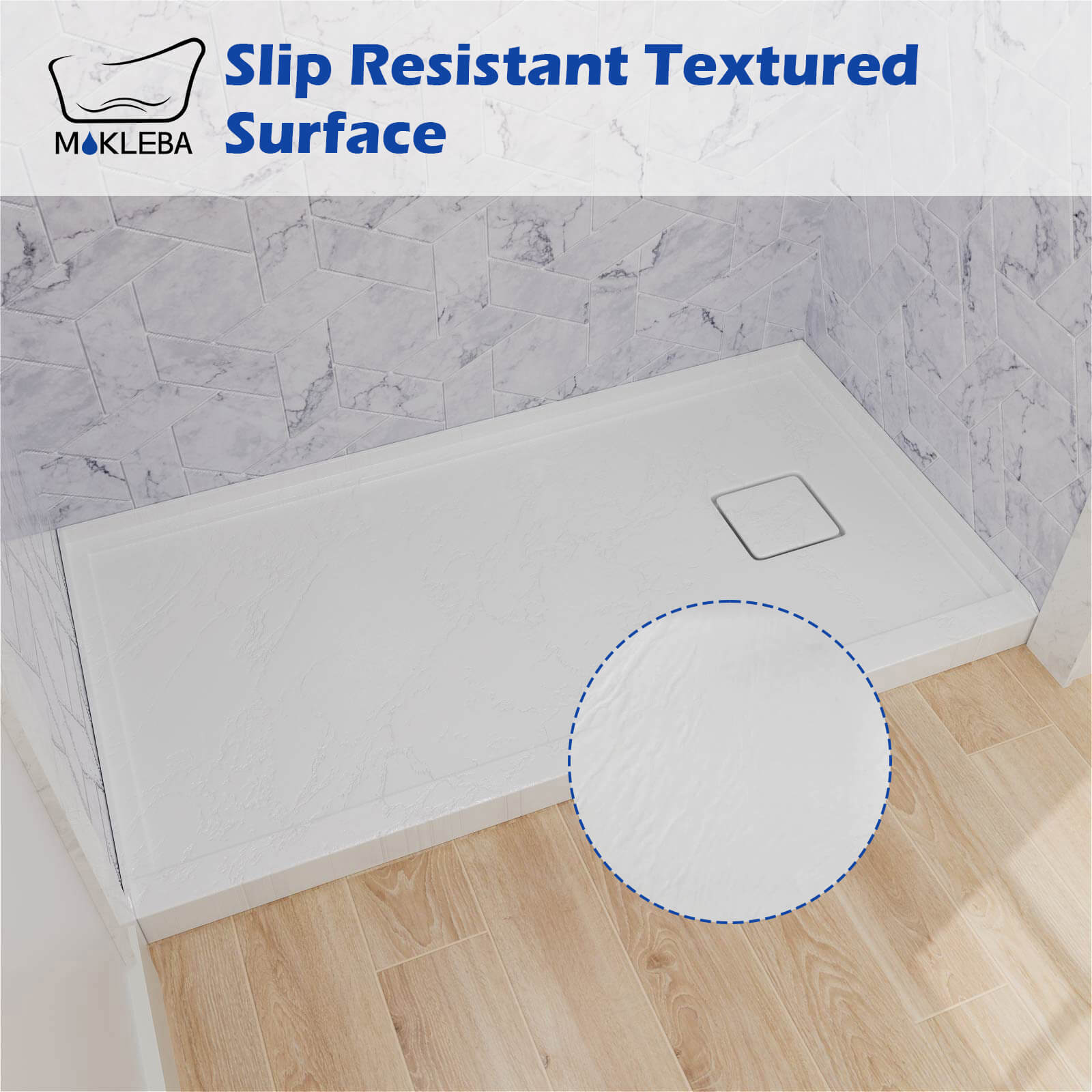 Slip resistant white shower floor with smooth texture