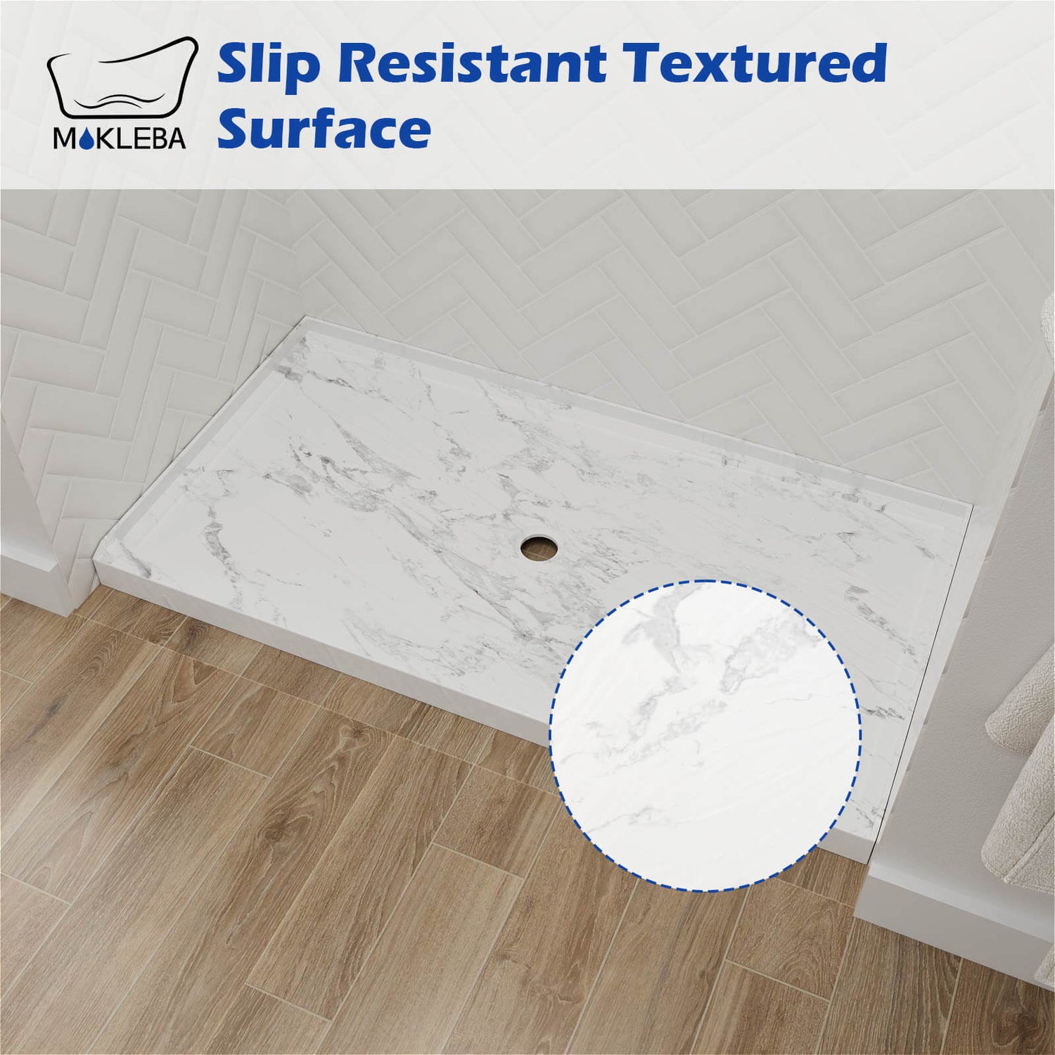 Slip-resistant shower base surface with decorative marble pattern finish