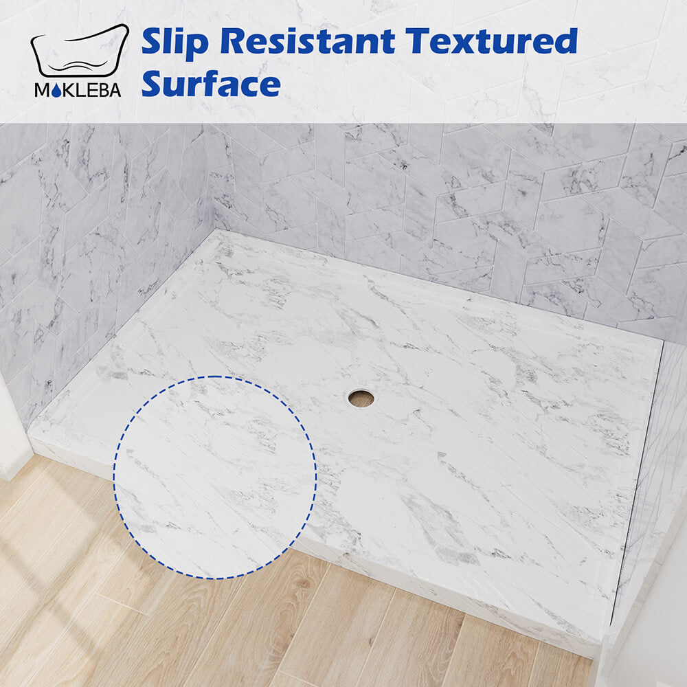 Slip-resistant shower base surface with marble pattern finish