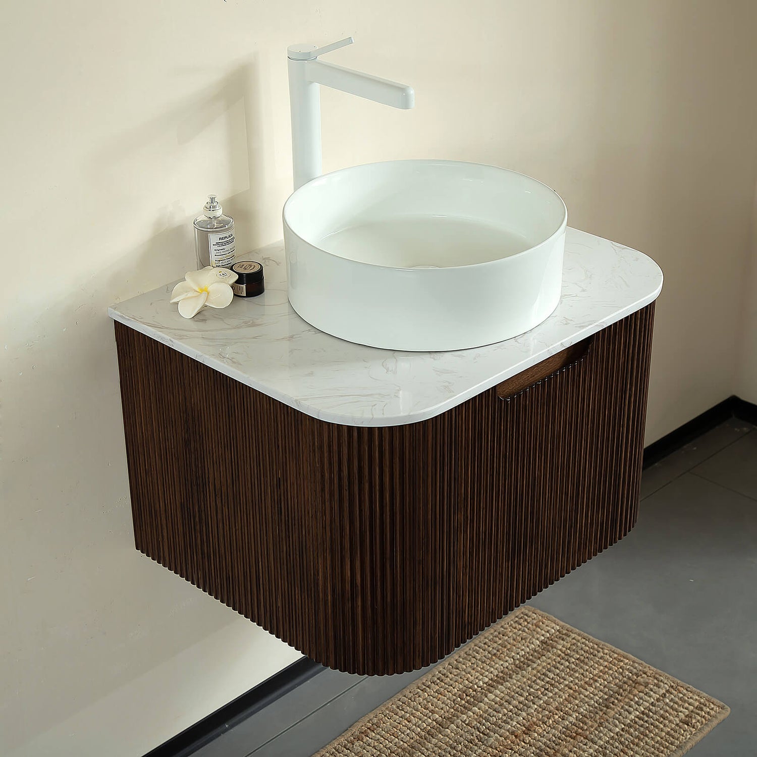 Small bathroom vanity in walnut wood finish