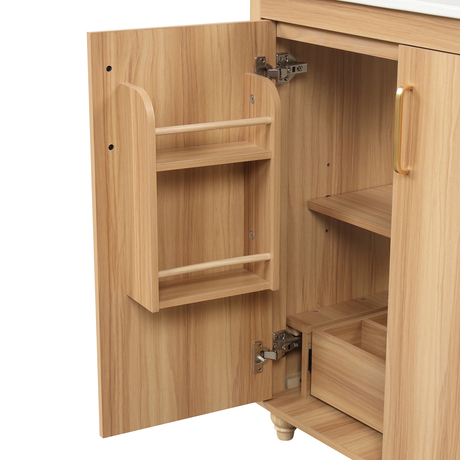 Small bathroom vanity with hidden drawer and adjustable shelves