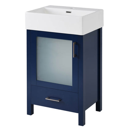 Small bathroom vanity with blue finish and frosted glass door