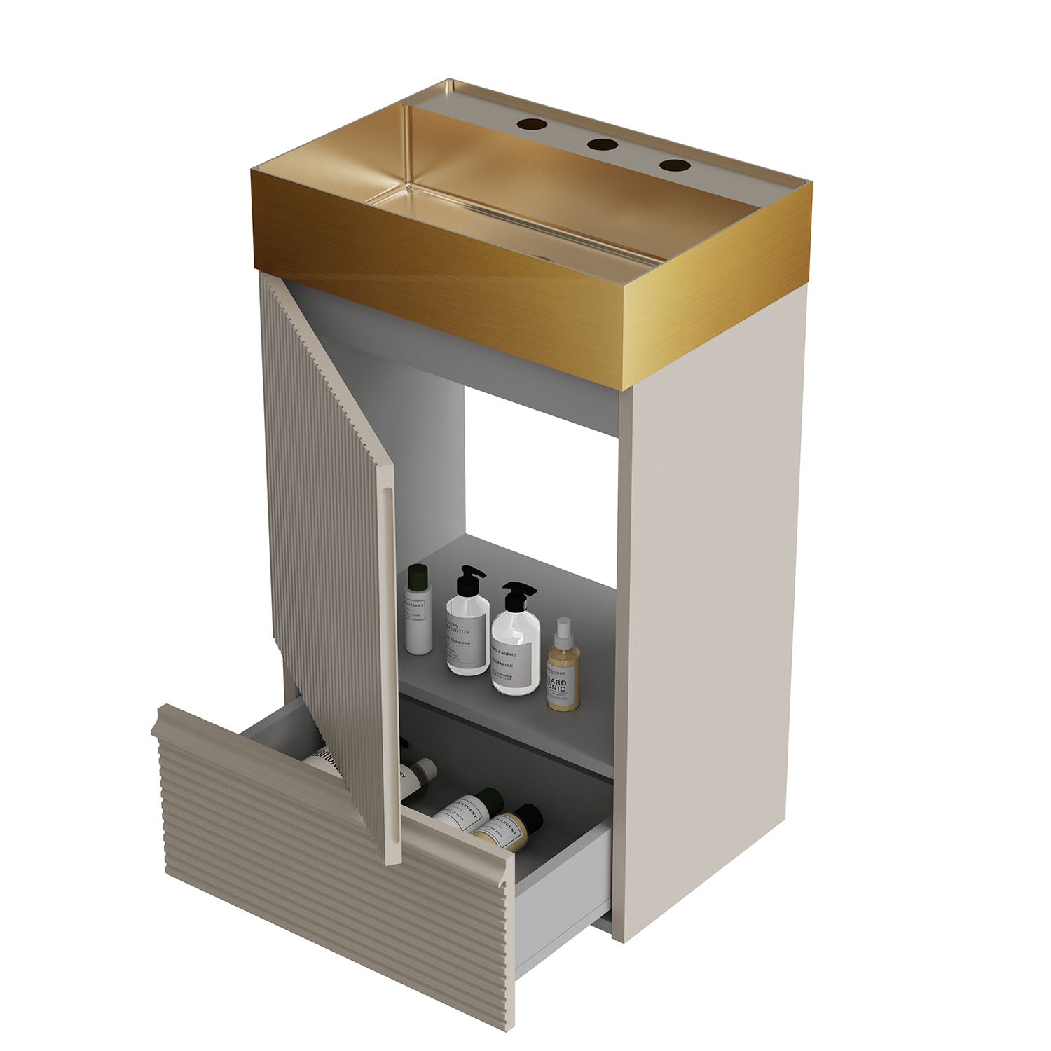 Small freestanding gray vanity with cabinet door and drawer