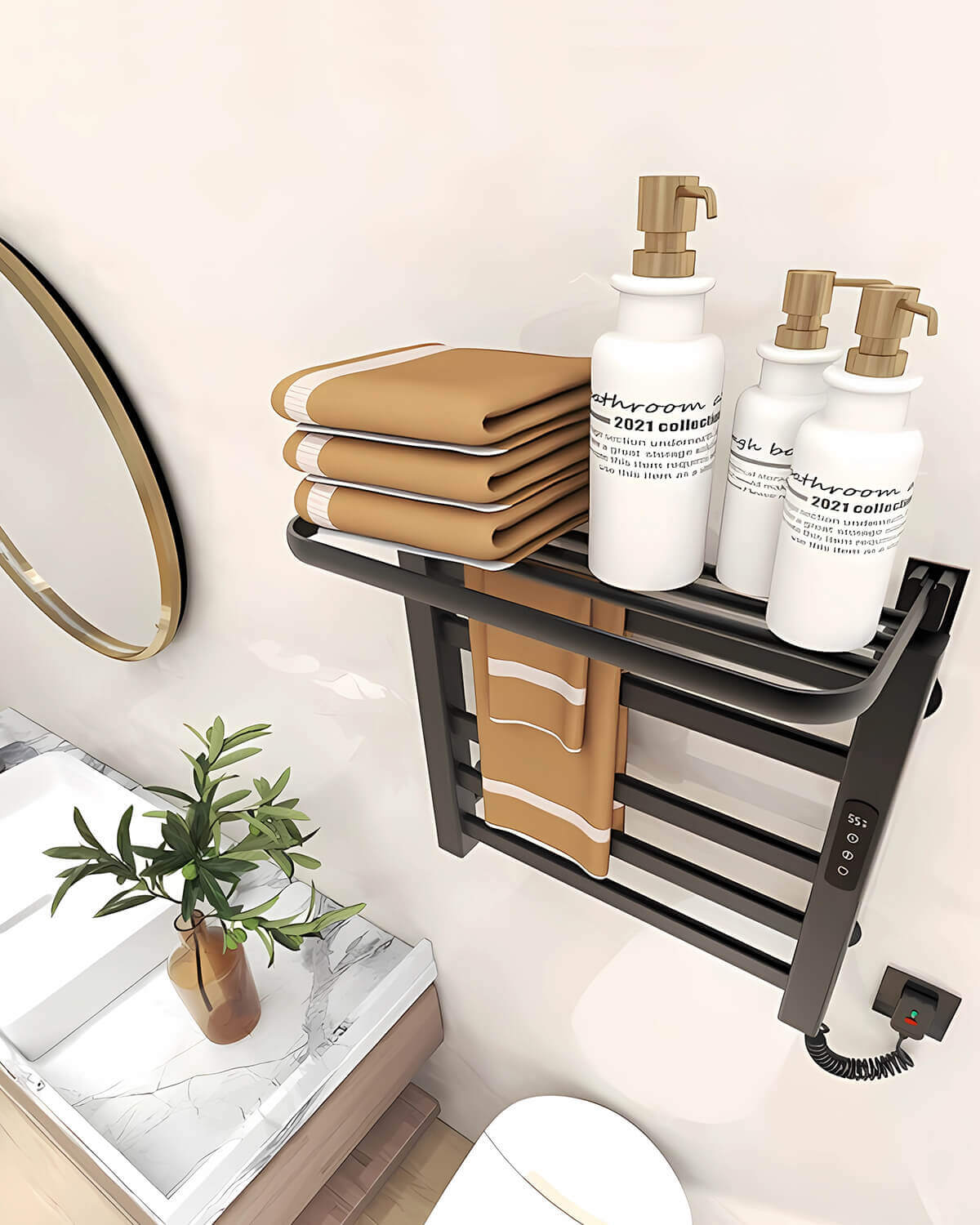 Smart heated towel rack with two bottles of shower gel and two towels on top