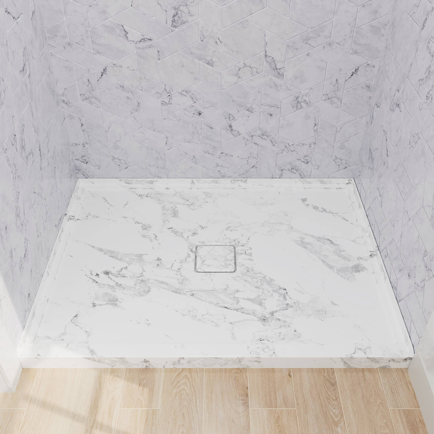 Smooth glossy surface finish on marble-pattern 48" x 36" shower pan for easy daily wipedowns