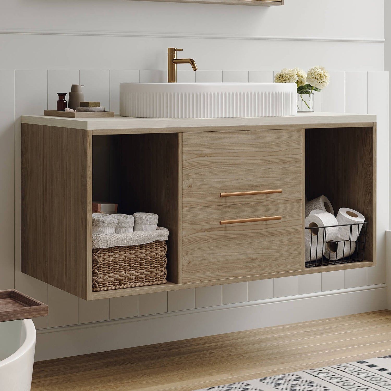 Soft close vanity with open and closed storage