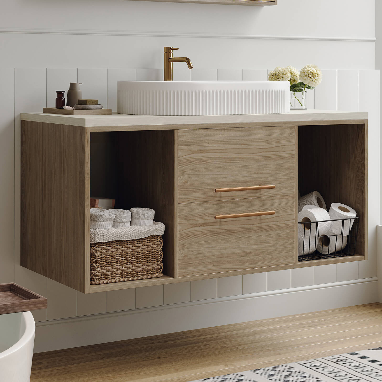 Soft close vanity with open and closed storage