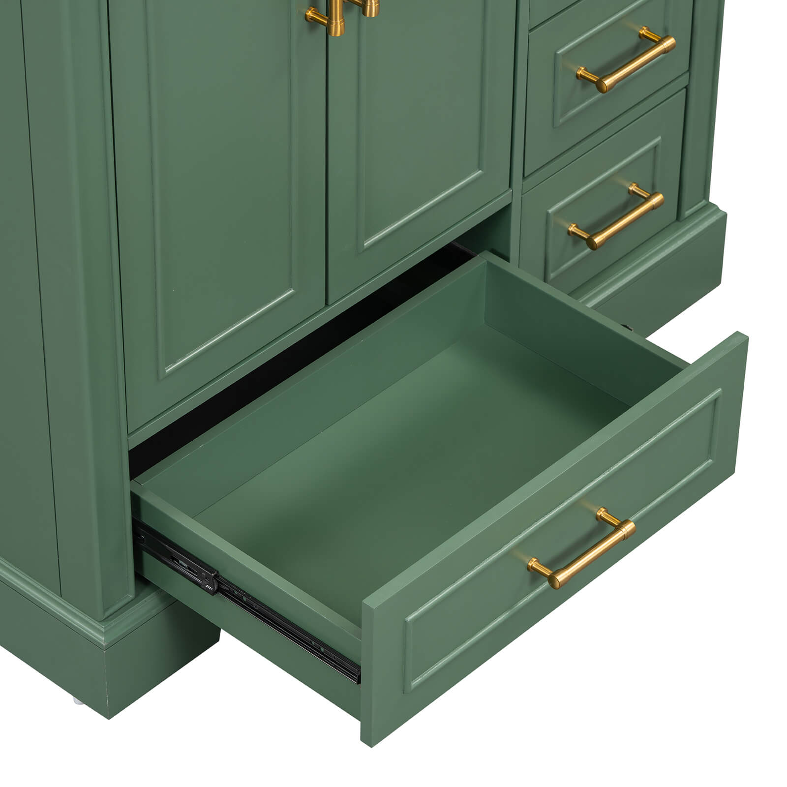 Soft-close drawer under base of 36-inch traditional green bathroom vanity with resin sink