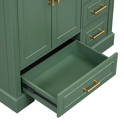 Soft-close drawer under base of 36-inch traditional green bathroom vanity with resin sink