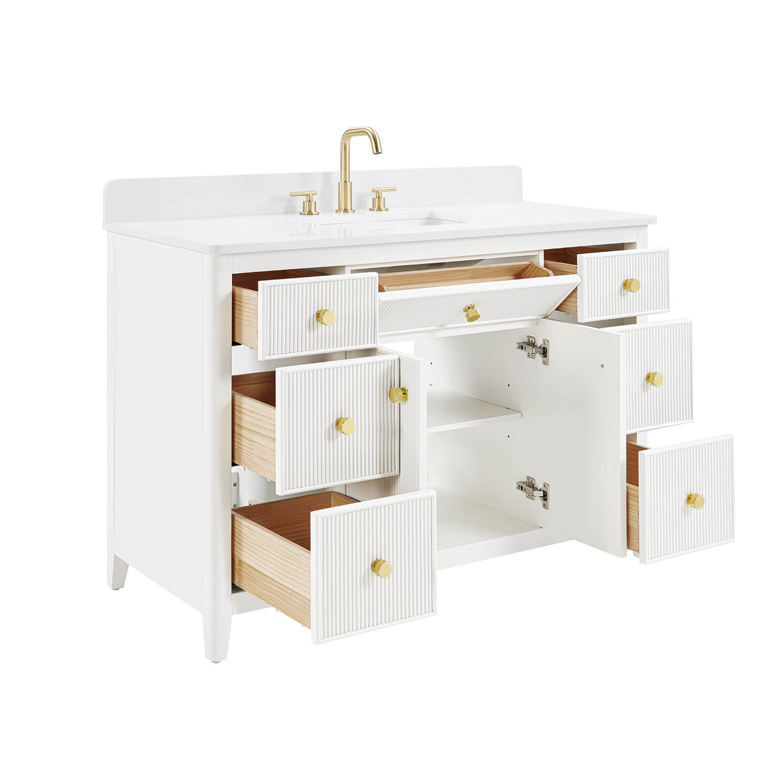Soft-close drawers on a white fluted bathroom vanity