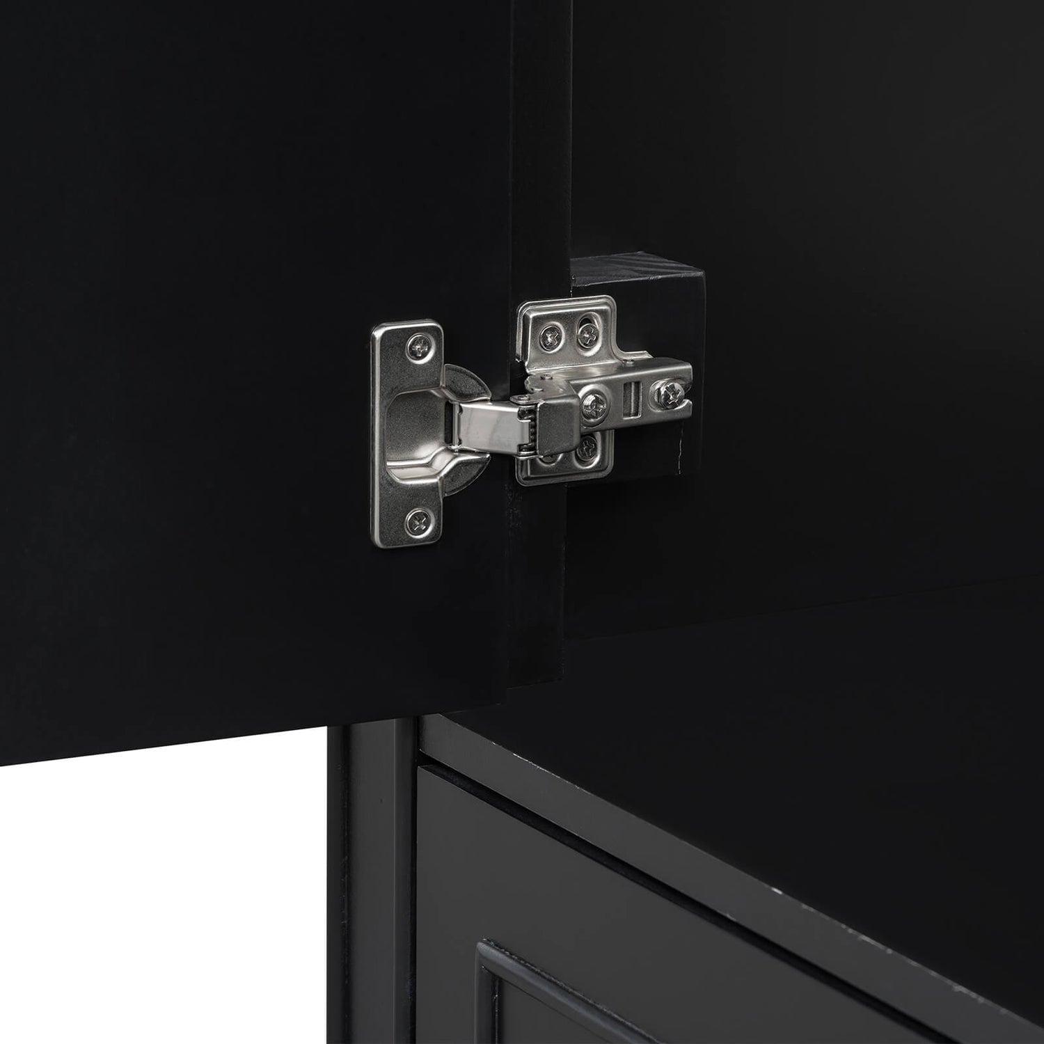 Soft close door detail on 36 inch traditional black bathroom vanity with resin sink