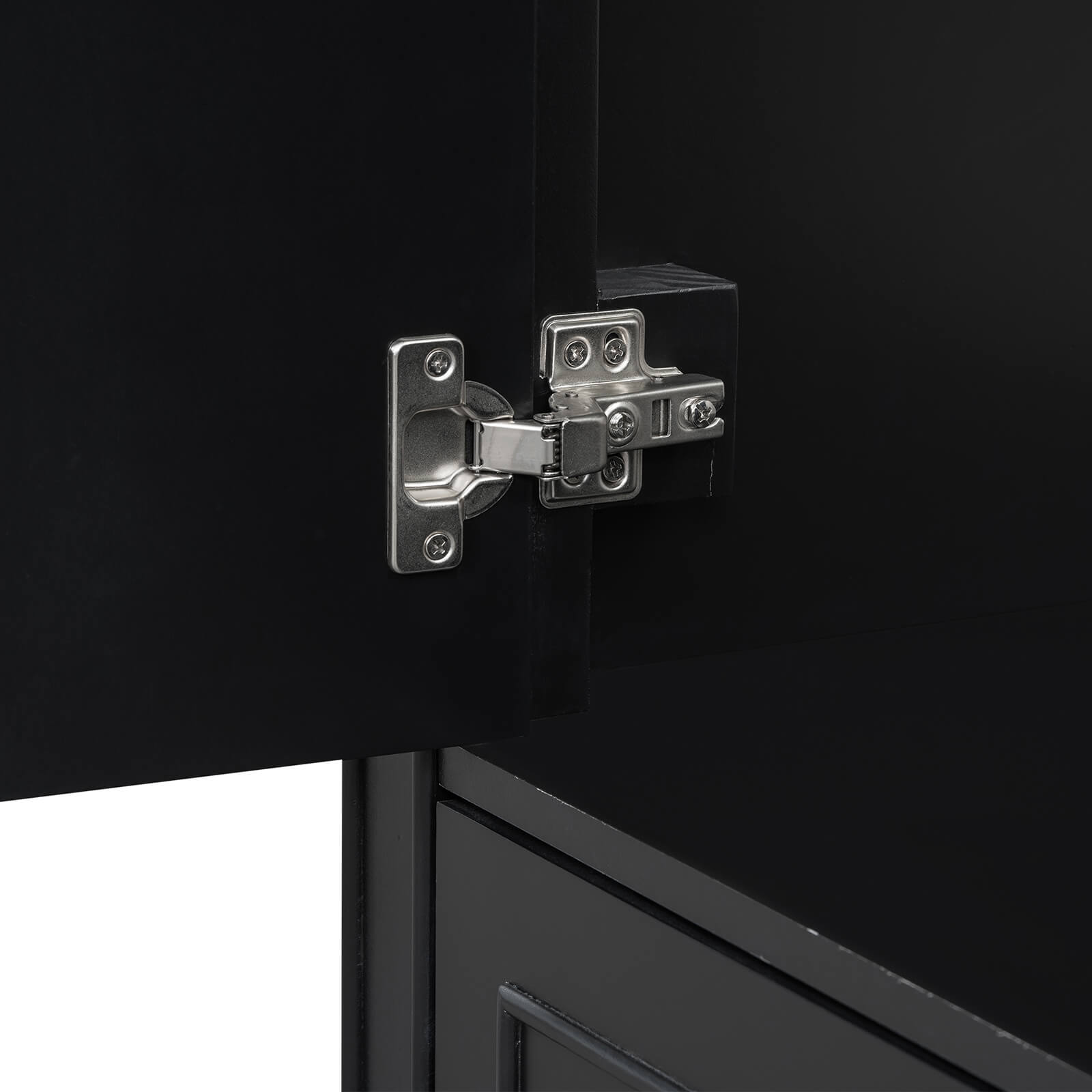 Soft close door detail on 36 inch traditional black bathroom vanity with resin sink