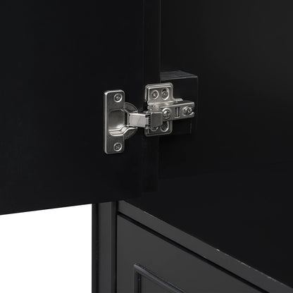 Soft close door detail on 36 inch traditional black bathroom vanity with resin sink