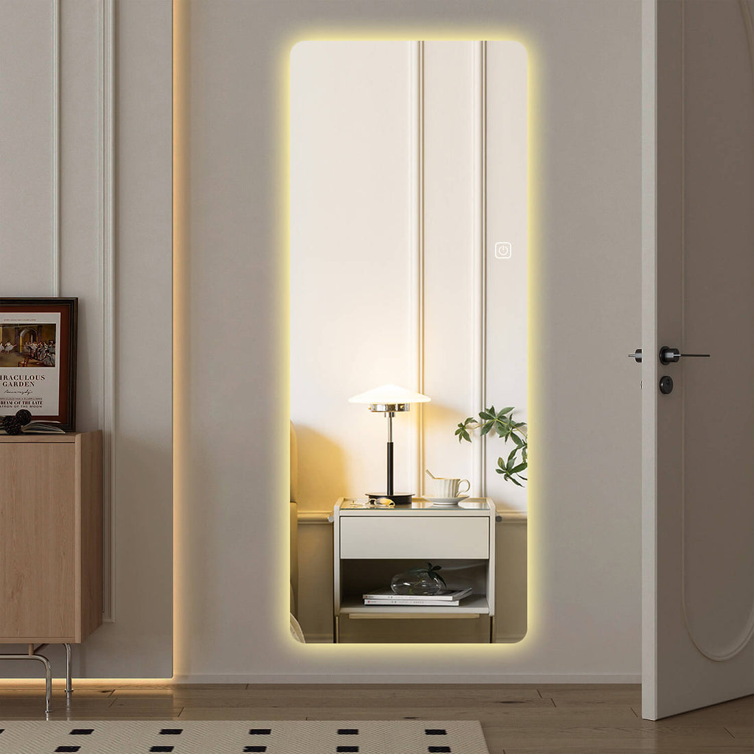 Soft warm LED backlit full length mirror for bedroom entry