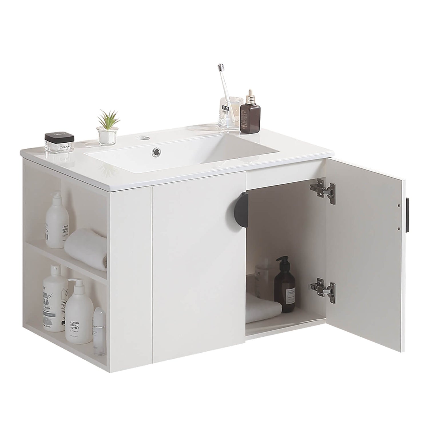Solid wood vanity with open storage shelf and sink