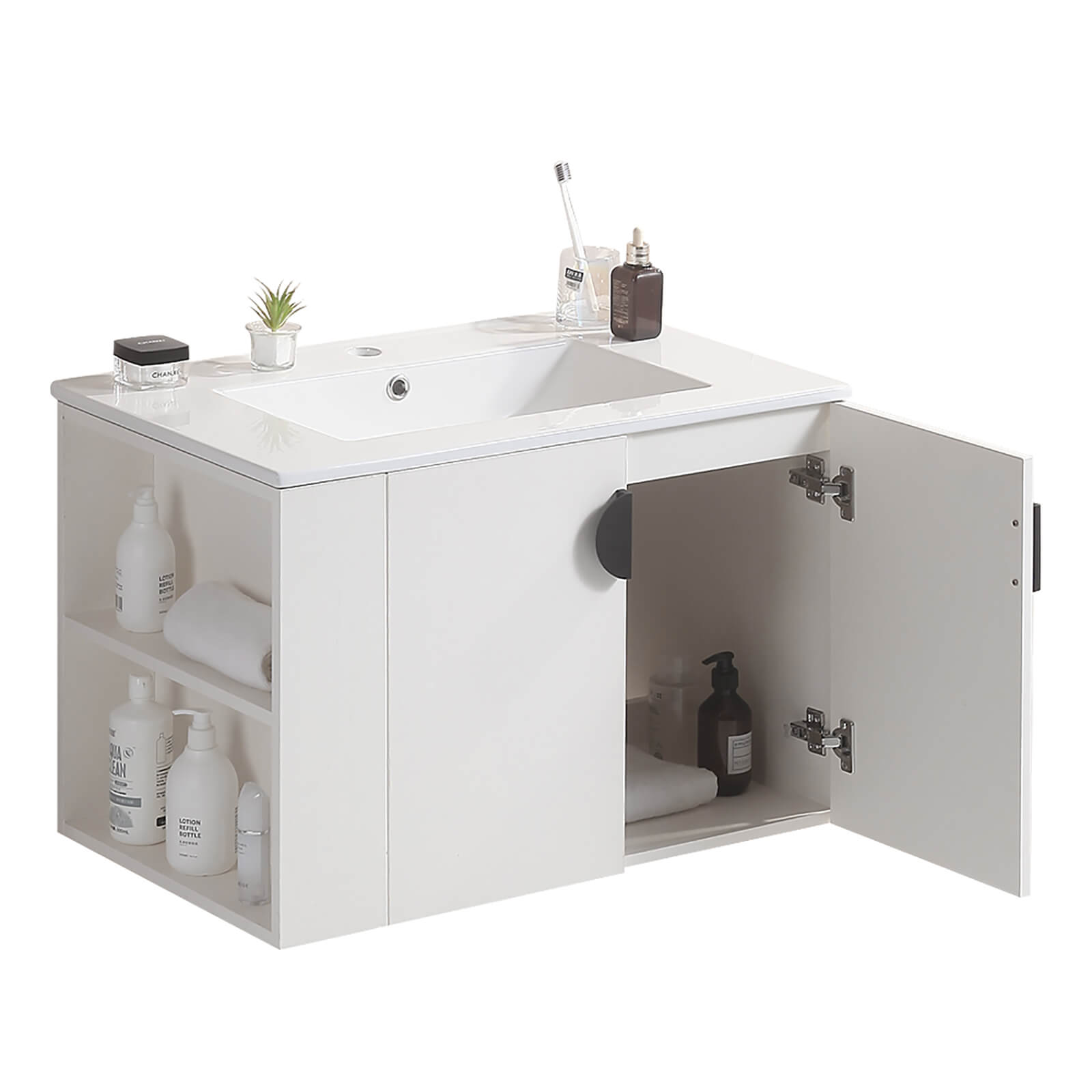 Solid wood vanity with open storage shelf and sink
