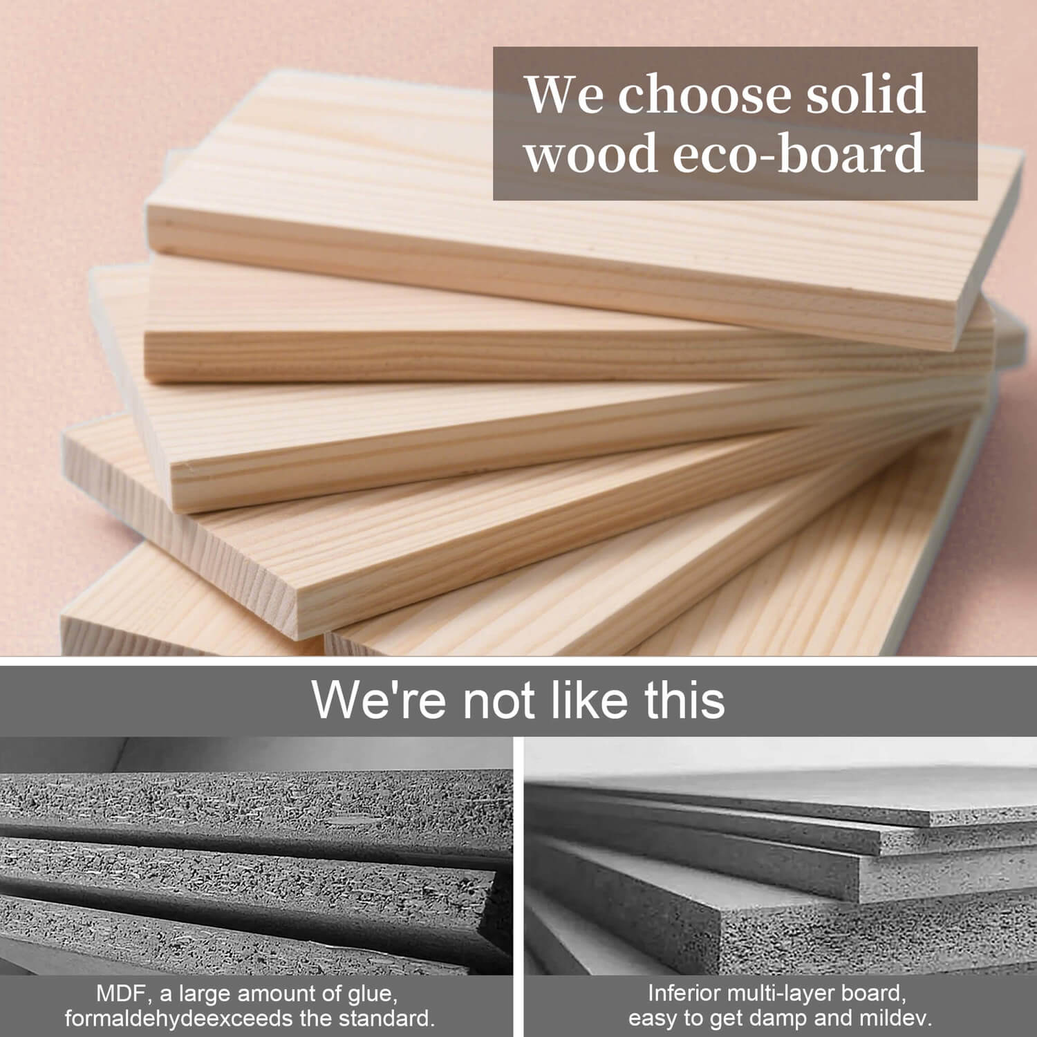 Solid wood eco-board vs MDF and inferior multi-layer board material comparison
