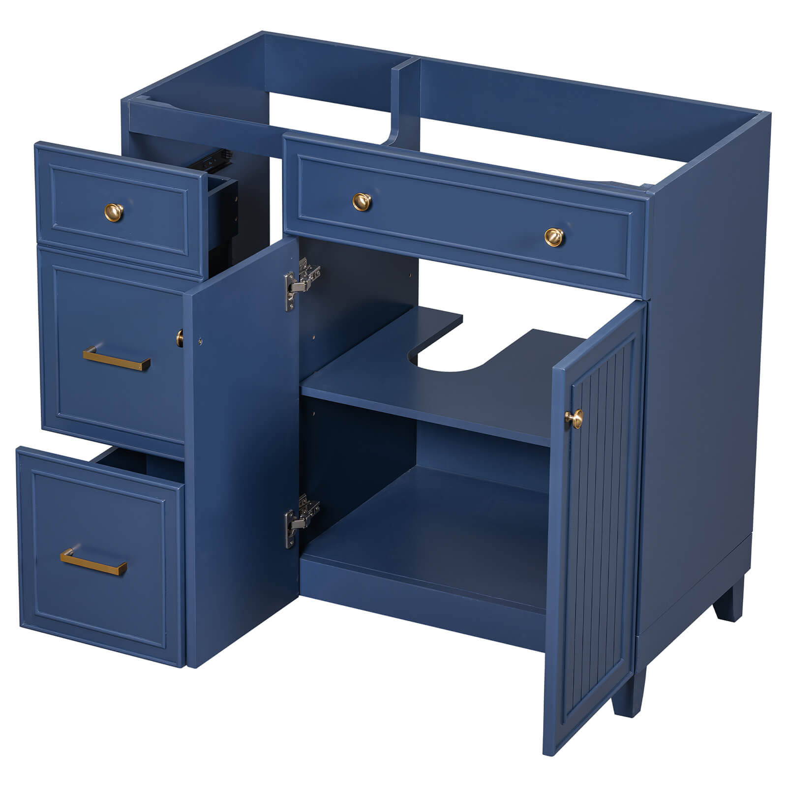 Sophisticated navy blue vanity designed for bathroom storage