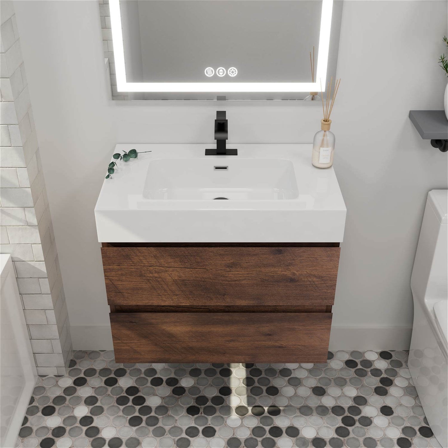 30&quot; Walnut Wall-Mounted Bathroom Vanity Unit