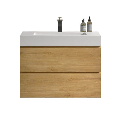 Space saving 30 inch floating bathroom vanity in a light oak finish