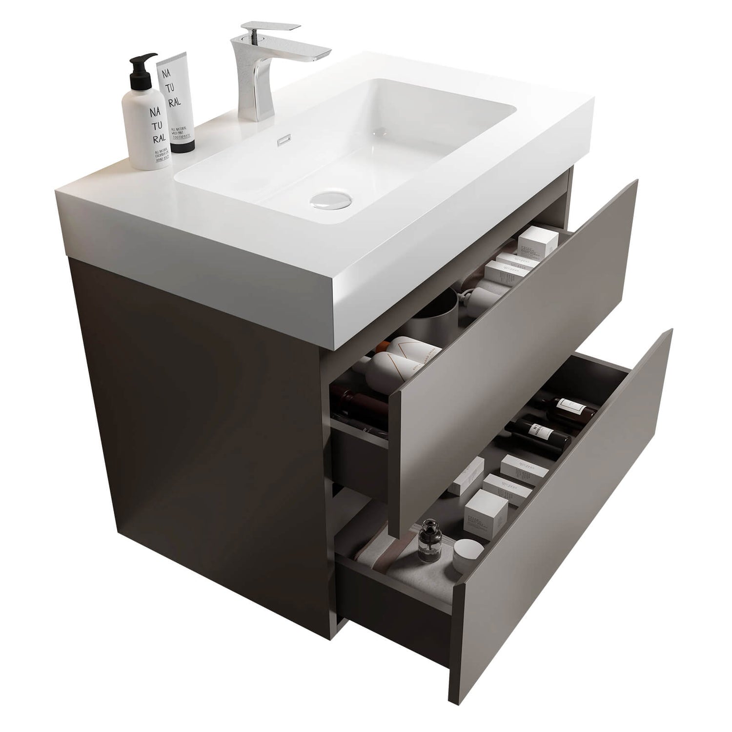 Space saving 30 inch vanity with pre drilled sink and storage