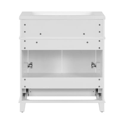 Space saving white vanity with bottom drawer storage