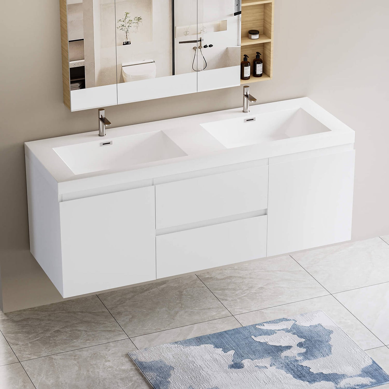 Spacious 60 in double sink vanity with high quality materials and eco friendly design