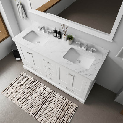Spacious 60 in white double sink bathroom vanity with backsplash protection