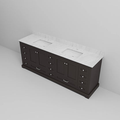 Spacious 84 inch black vanity with double sinks and marble surface
