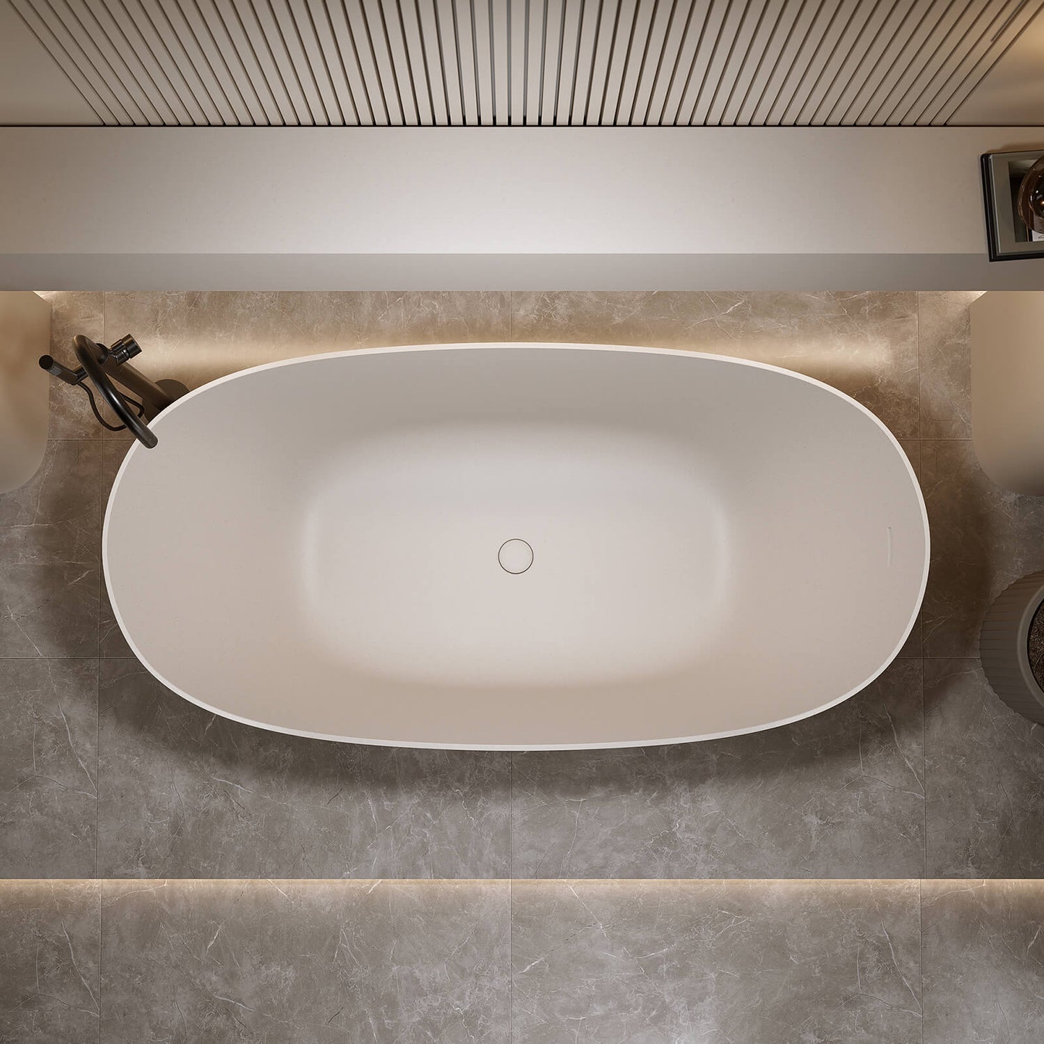 Spacious beige freestanding bathtub designed for deep soaking comfort
