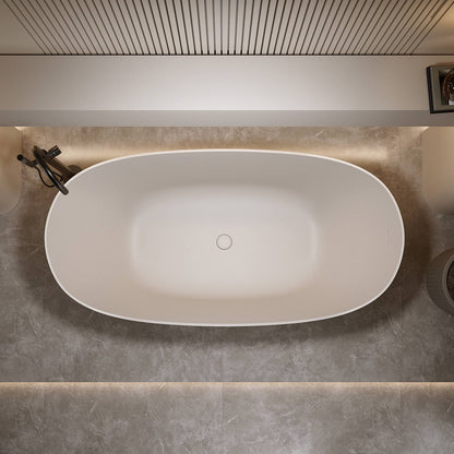 Spacious beige freestanding bathtub designed for deep soaking comfort