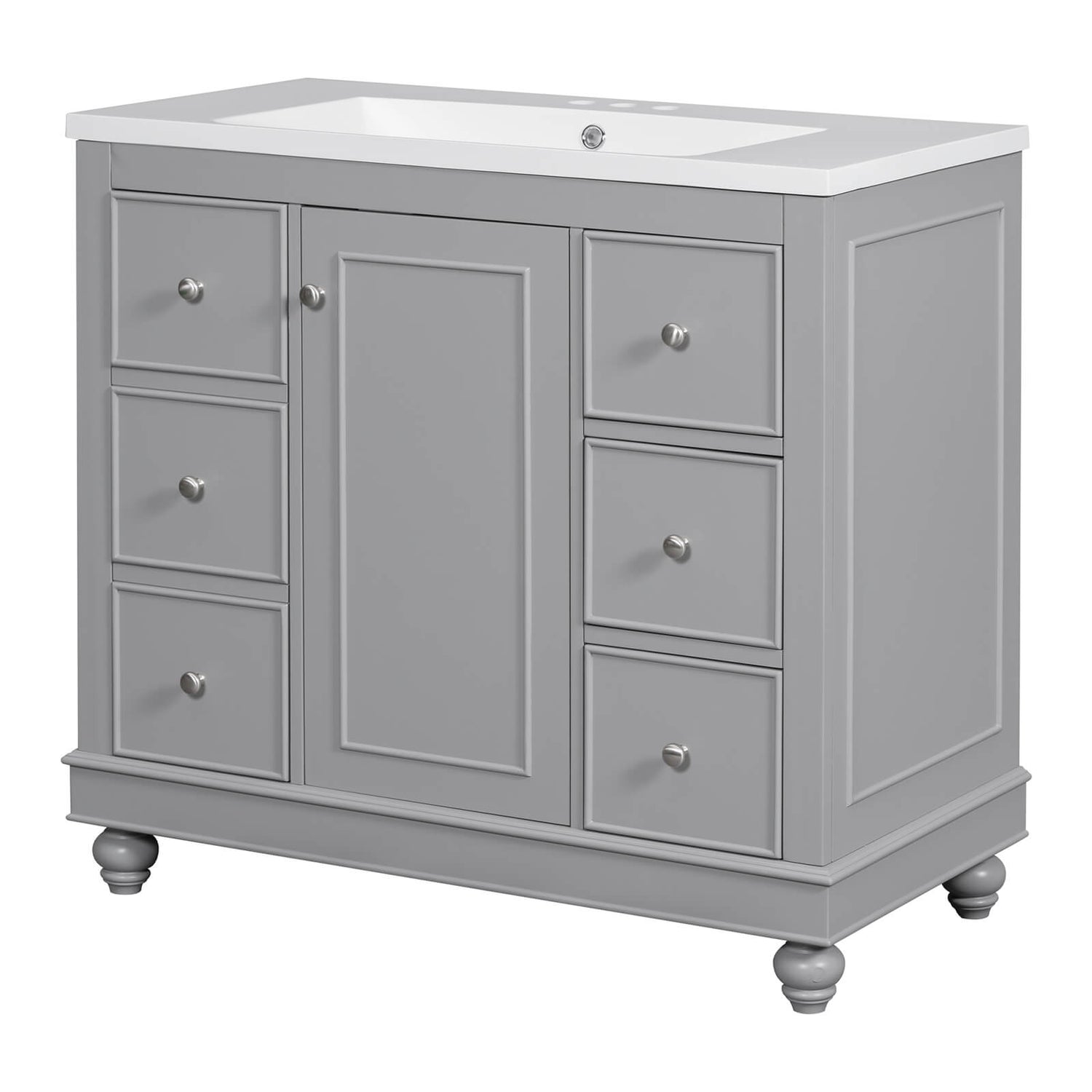 Spacious cabinet with adjustable shelves in a 36-inch gray bathroom vanity