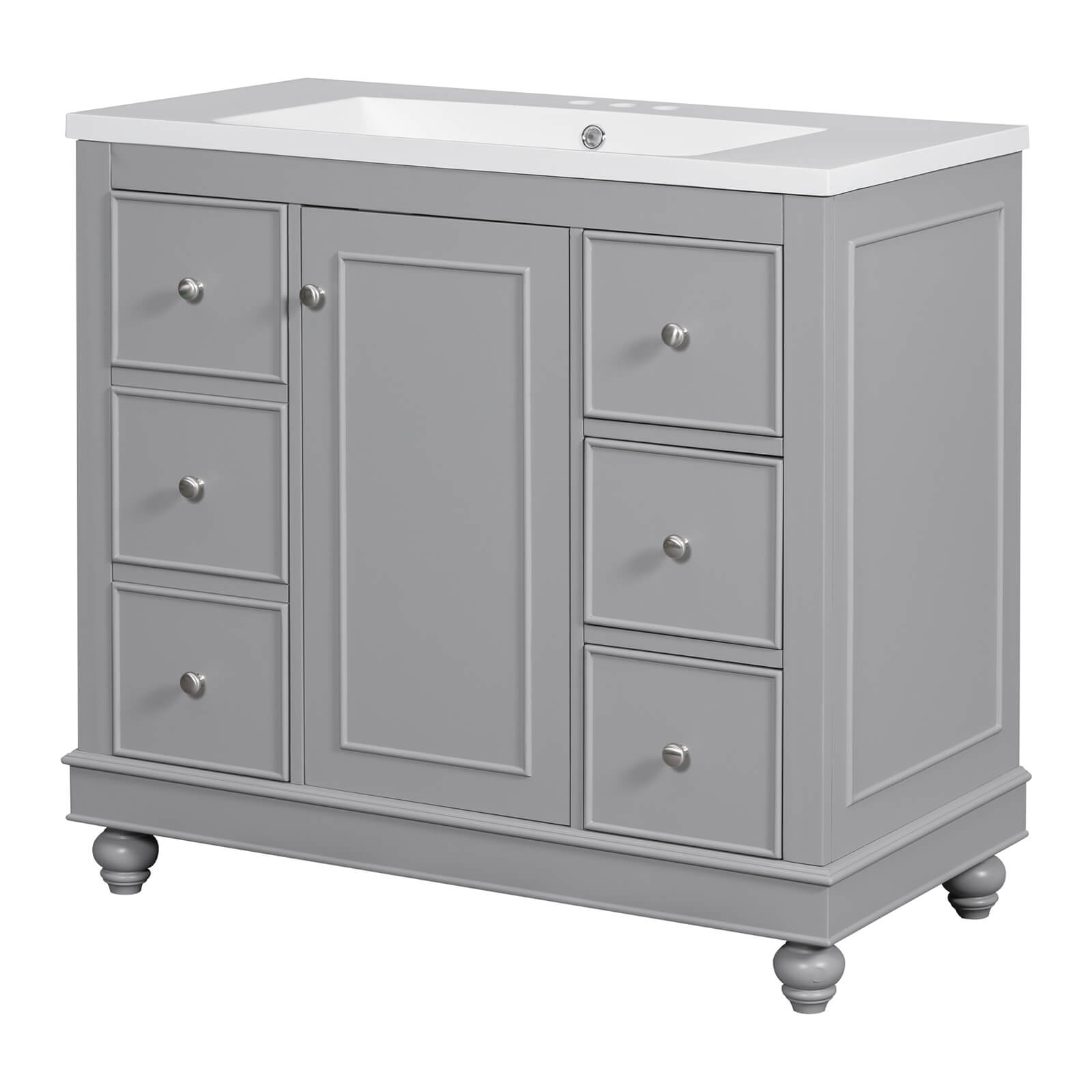 Spacious cabinet with adjustable shelves in a 36-inch gray bathroom vanity