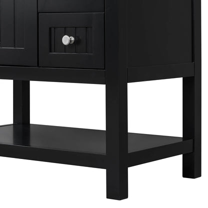Spacious drawers and open shelf on the black bathroom vanity