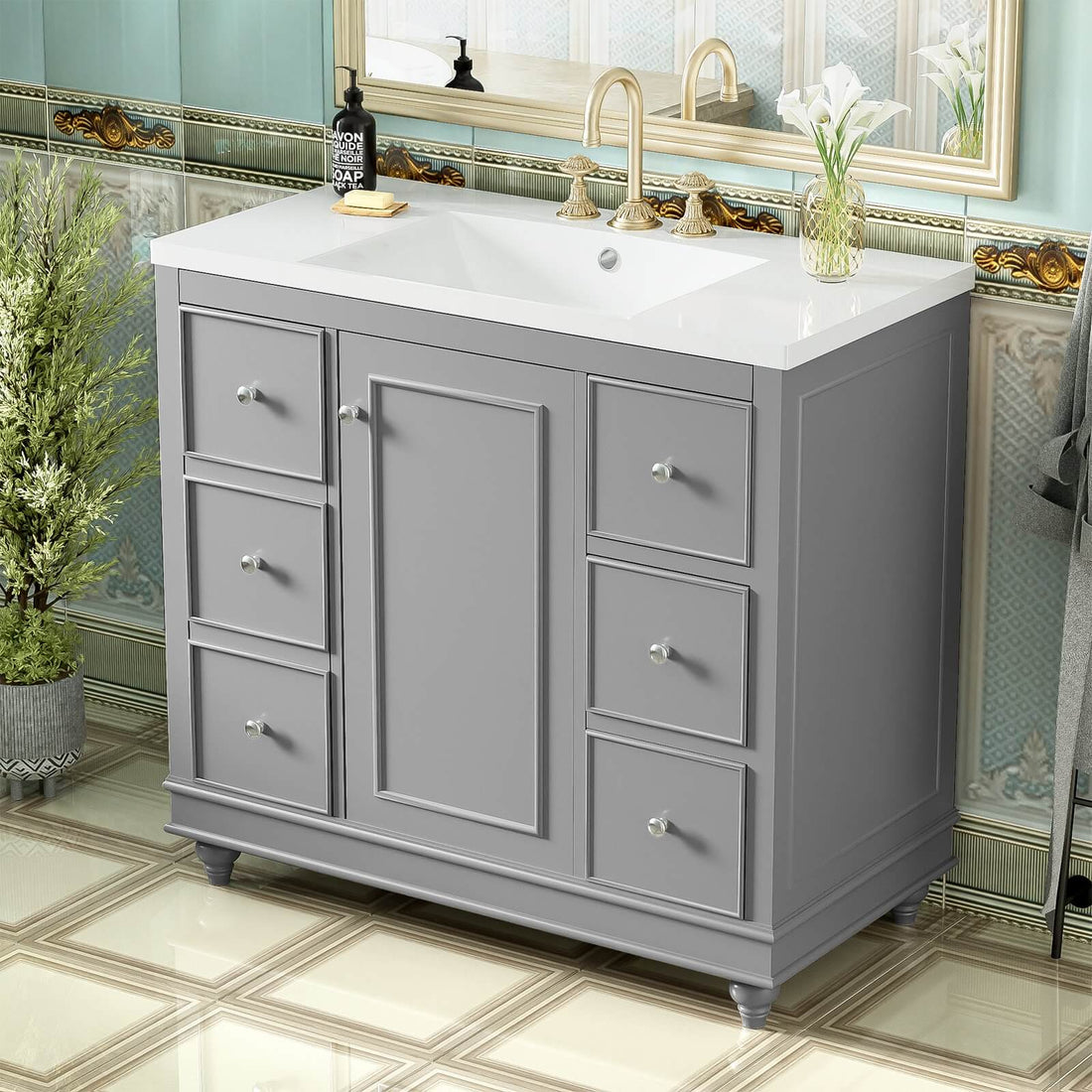 Spacious gray bathroom vanity with four drawers and a large cabinet for storage