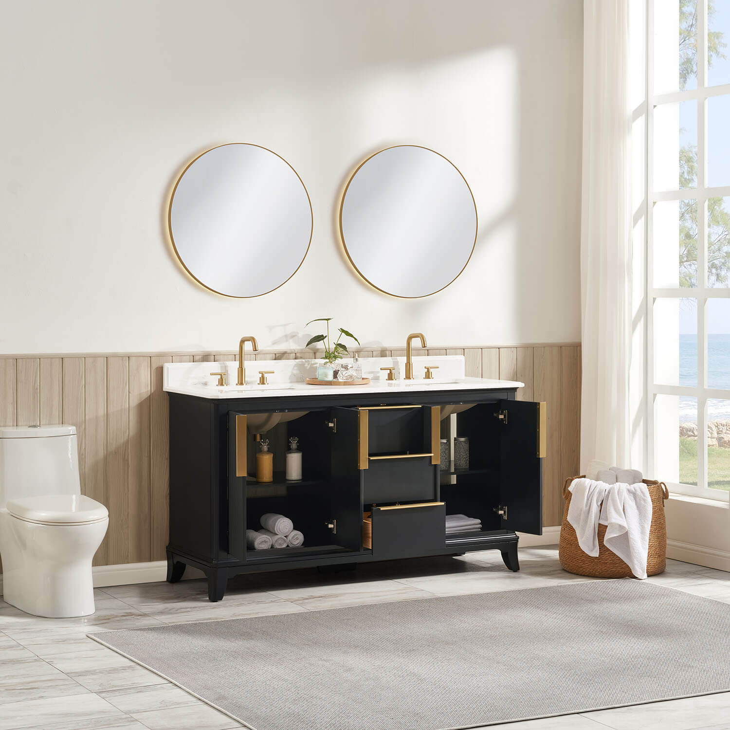 Spacious storage cabinet inside a double sink bathroom vanity