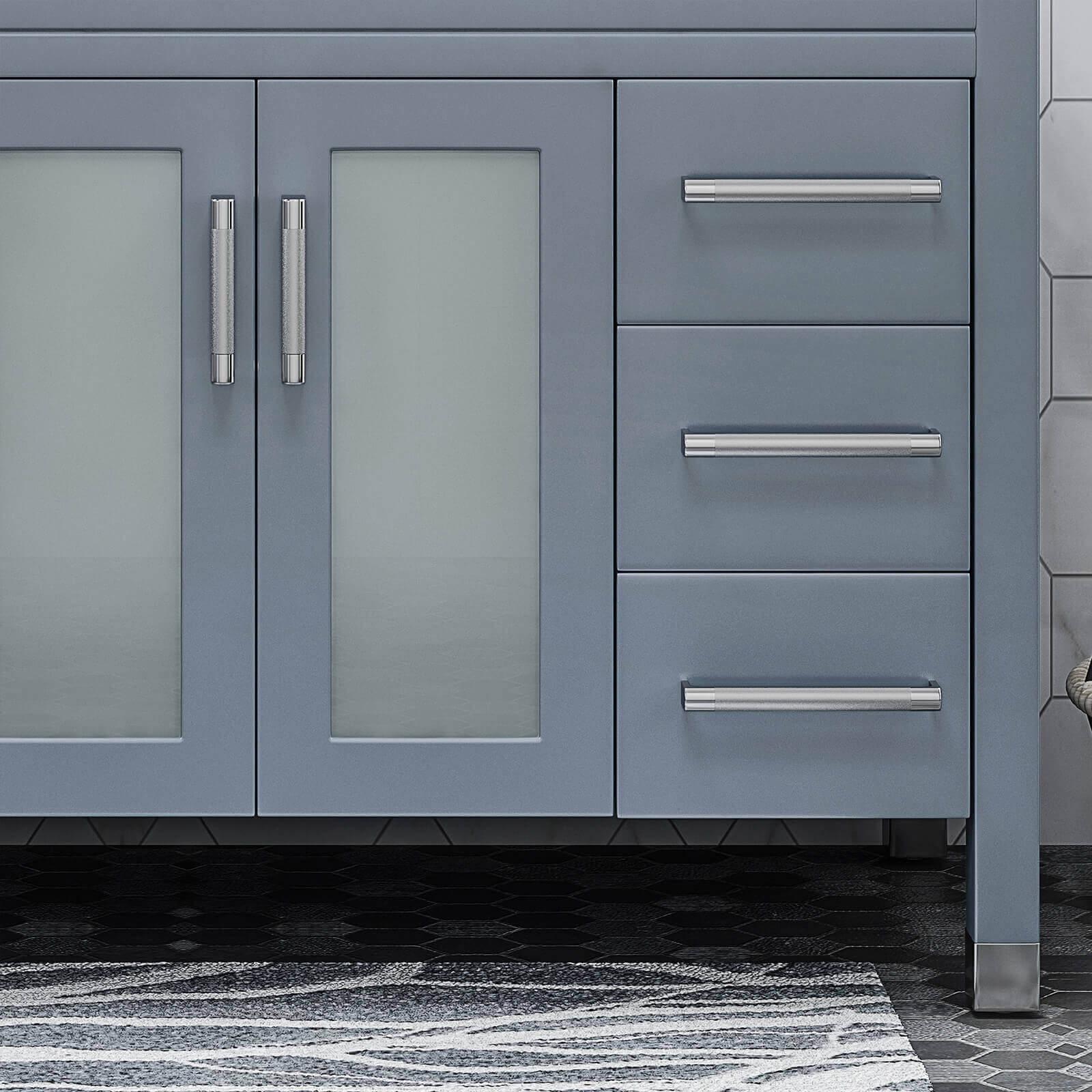 Specifications and drawer display for 49 inch single sink acacia wood vanity with marble top