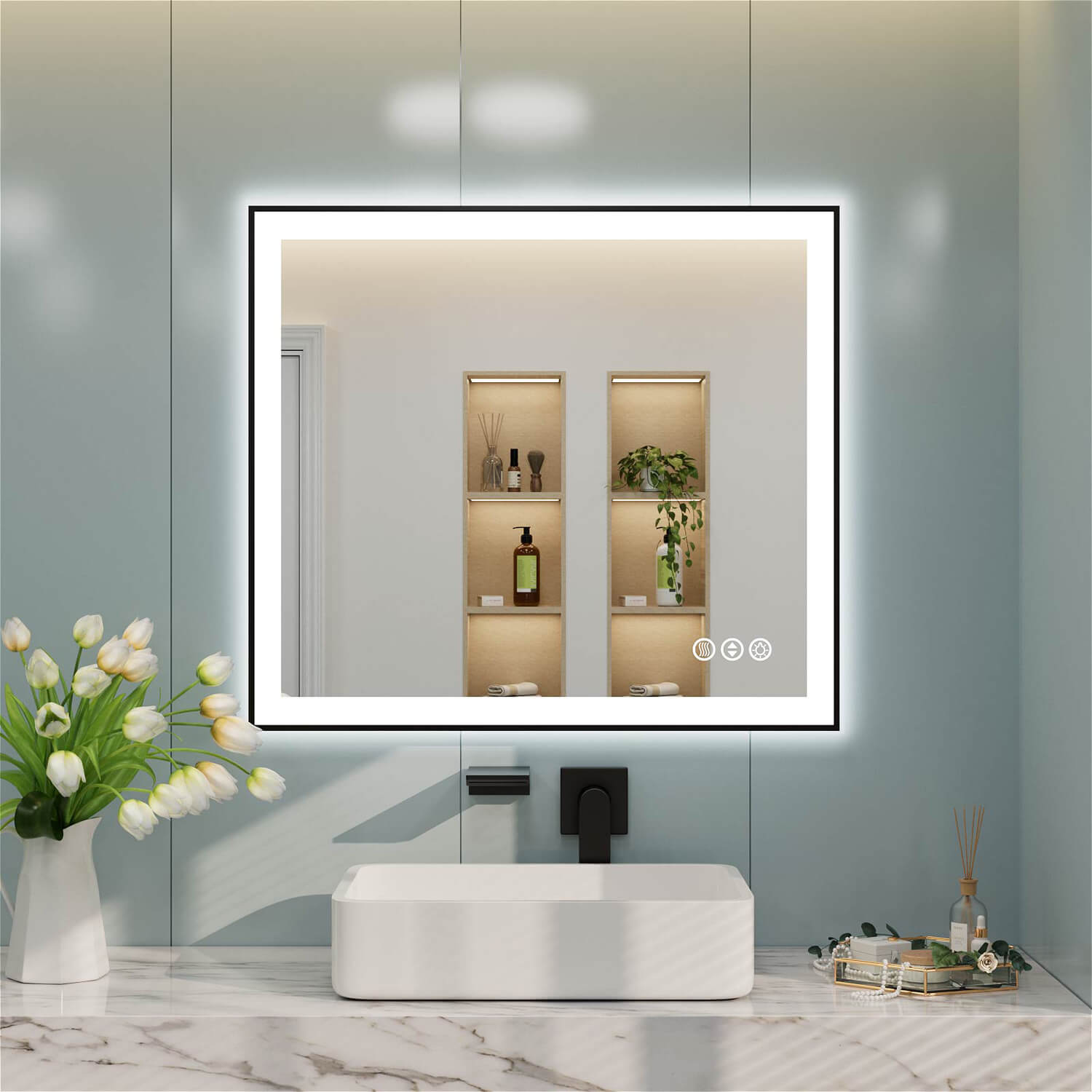 Square LED bathroom mirror with black frame and right-side touch controls