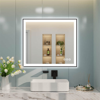 Square LED bathroom mirror with black frame and right-side touch controls