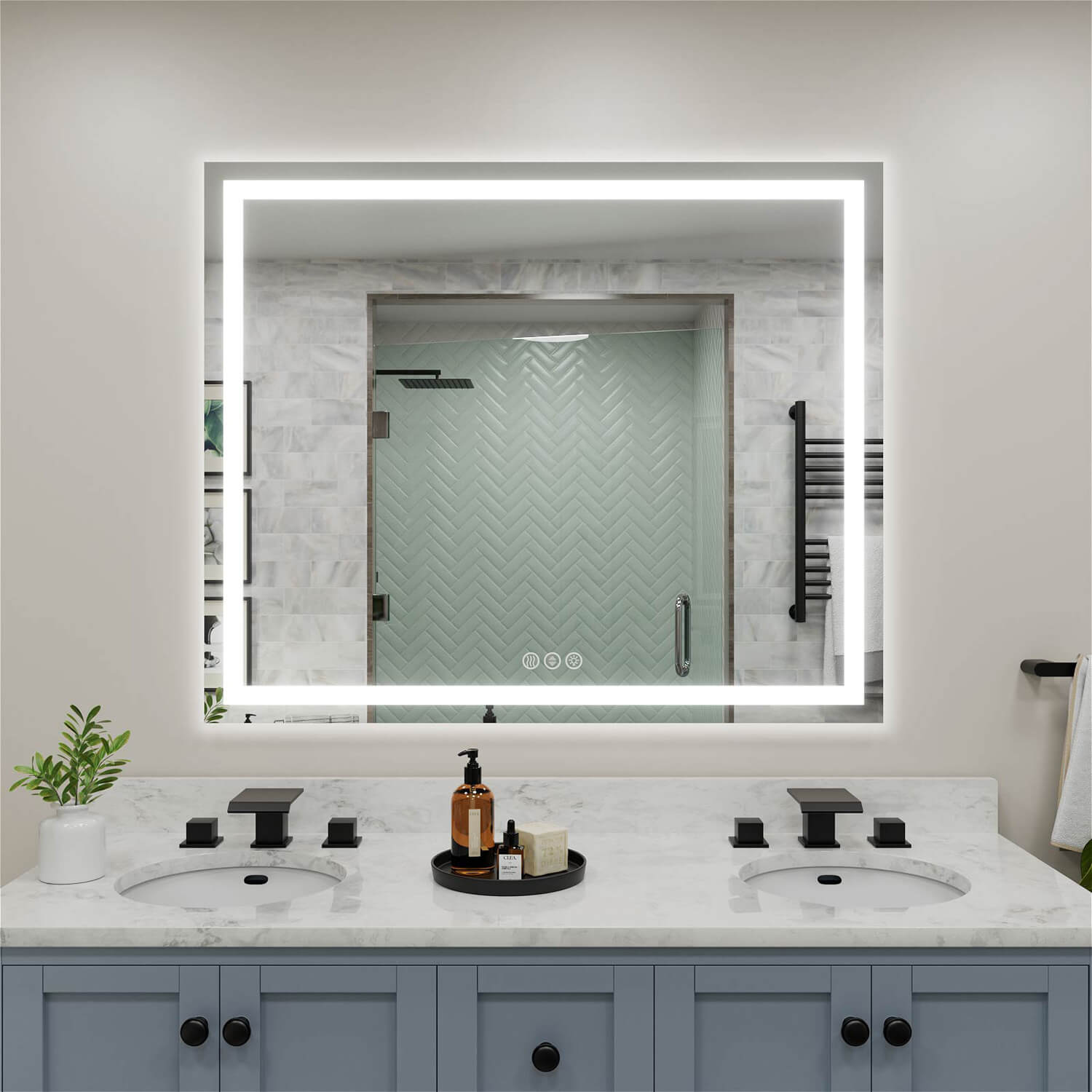 Square LED bathroom mirror with edge lighting and touch control buttons at the bottom center