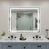 Square LED bathroom mirror with edge lighting and touch control buttons at the bottom center