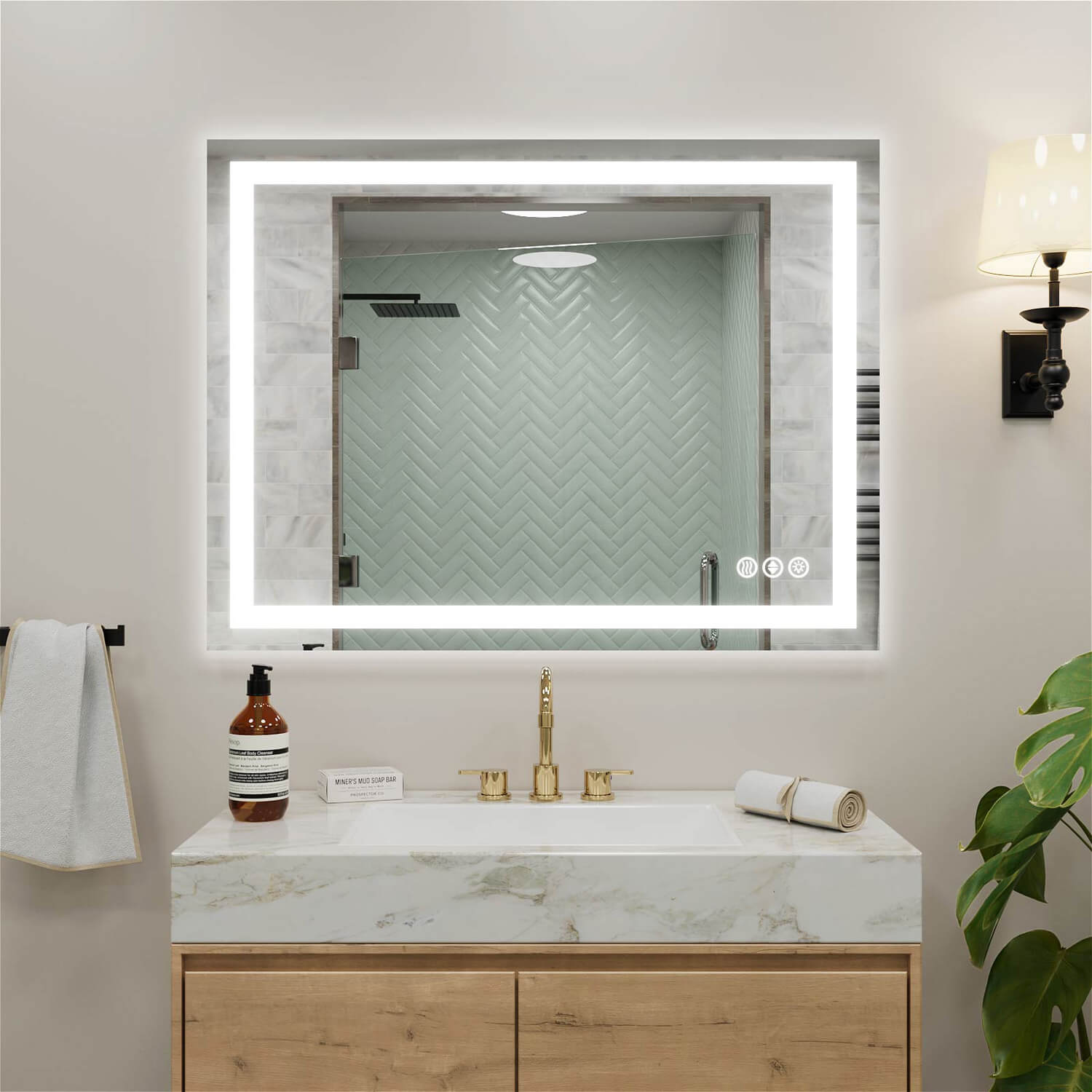 Square LED bathroom mirror with illuminated edge and touch control sensors