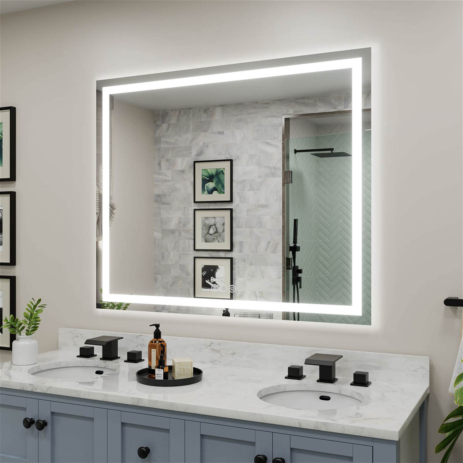 Square LED vanity mirror with perimeter light strip and touch controls at the bottom right