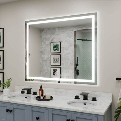 Square LED vanity mirror with perimeter light strip and touch controls at the bottom right