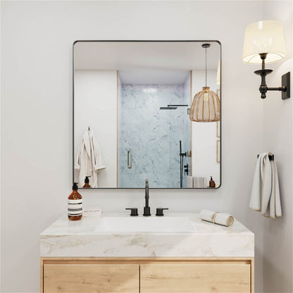 Square black framed bathroom mirror for vanity